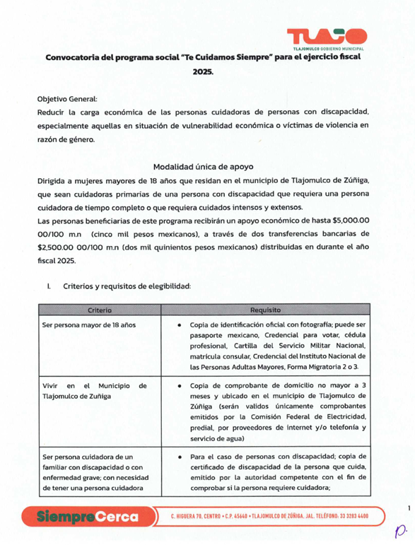Convocatoria del programa social de Te cuidamos siempre